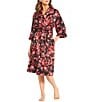 Cabernet Damask Print Satin Tie Waist Short Wrap Robe, Color:Holiday Jacobean - Image 1