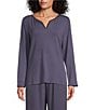 Color:Night Blue - Image 1 - French Terry Satin Trimmed Long Sleeve Split Round Neck Coordinating Sleep Shirt