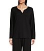 Color:Black - Image 1 - French Terry Satin Trimmed Long Sleeve Split Round Neck Coordinating Sleep Shirt