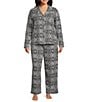 Cabernet Plus Size Medallion Print Long Sleeve Notch Collar Long Holiday Knit Pajama Set, Color:Black/White Medallion - Image 1