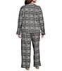 Cabernet Plus Size Medallion Print Long Sleeve Notch Collar Long Holiday Knit Pajama Set, Color:Black/White Medallion - Image 2