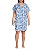 Cabernet Plus Size Short Sleeve Notch Collar Button-Front Bird Toile Knit Sleepshirt - Image 1