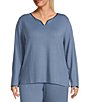 Cabernet Plus Size Solid French Terry Henley Neck Long Sleeve Coordinating Sleep Top, Color:China Blue - Image 1