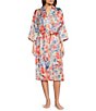 Color:Coral Floral - Image 1 - Satin 3/4 Sleeve Coordinating Floral Wrap Robe