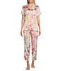 Color:Floral Bouquet - Image 1 - Satin Floral Bouquet Print Short Sleeve Notch Collar & Pant Pajama Set