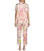 Color:Floral Bouquet - Image 2 - Satin Floral Bouquet Print Short Sleeve Notch Collar & Pant Pajama Set