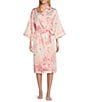 Color:Mauve Floral - Image 1 - Satin Floral Print 3/4 Kimono Sleeve Coordinating Short Wrap Robe