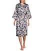 Cabernet Satin Floral Print 3/4 Sleeve Coordinating Short Wrap Robe - Image 1