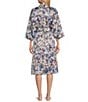 Cabernet Satin Floral Print 3/4 Sleeve Coordinating Short Wrap Robe - Image 2