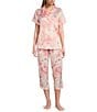 Color:Mauve Floral - Image 1 - Satin Floral Print Satin Woven Top & Capri Coordinating Pajama Set
