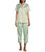 Color:Green Floral - Image 1 - Satin Floral Print Short Sleeve Notch Collar & Pant Pajama Set