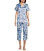 Color:Blue Floral - Image 1 - Satin Floral Short Sleeve Notch Collar Capri Pajama Set