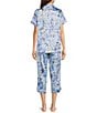 Color:Blue Floral - Image 2 - Satin Floral Short Sleeve Notch Collar Capri Pajama Set