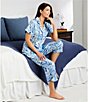 Color:Blue Floral - Image 4 - Satin Floral Short Sleeve Notch Collar Capri Pajama Set