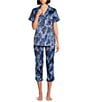 Color:Navy Floral - Image 1 - Satin Floral Short Sleeve Notch Collar Capri Pajama Set