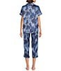 Color:Navy Floral - Image 2 - Satin Floral Short Sleeve Notch Collar Capri Pajama Set