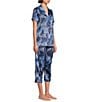 Color:Navy Floral - Image 3 - Satin Floral Short Sleeve Notch Collar Capri Pajama Set