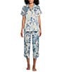 Color:Aqua Floral - Image 1 - Satin Floral Short Sleeve Notch Collar Capri Pajama Set