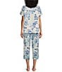 Color:Aqua Floral - Image 2 - Satin Floral Short Sleeve Notch Collar Capri Pajama Set