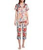 Color:Coral Floral - Image 1 - Satin Floral Short Sleeve Notch Collar Capri Pajama Set