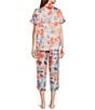Color:Coral Floral - Image 2 - Satin Floral Short Sleeve Notch Collar Capri Pajama Set