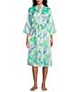 Cabernet Satin Tropical Print 3/4 Sleeve Coordinating Wrap Robe, Color:Soft Tropics - Image 1