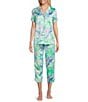 Cabernet Satin Tropical Short Sleeve Notch Collar Capri Pajama Set, Color:Soft Tropics - Image 1