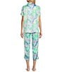 Cabernet Satin Tropical Short Sleeve Notch Collar Capri Pajama Set, Color:Soft Tropics - Image 2