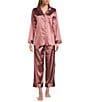 Cabernet Solid Contrast Piping Coordinating Satin Pajama Set, Color:Rose - Image 1