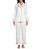 Cabernet Solid Contrast Piping Coordinating Satin Pajama Set, Color:Cloud Dancer - Image 1