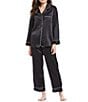 Color:Black - Image 1 - Solid Contrast Piping Coordinating Satin Pajama Set