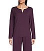Cabernet Solid French Terry Split Round Neck Long Sleeve Coordinating Sleep Top - Image 1