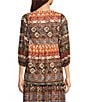 Calessa Coordinating Abstract Border Print Split V-Neck 3/4 Sleeve Popover Mesh Tunic, Color:Sand Multi - Image 2