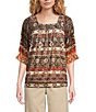Calessa Abstract Border Print Square Neck Elbow Sleeve Mesh Knit Tunic, Color:Sand Multi - Image 1