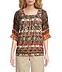 Calessa Abstract Border Print Square Neck Elbow Sleeve Mesh Knit Tunic - Image 1