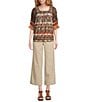 Calessa Abstract Border Print Square Neck Elbow Sleeve Mesh Knit Tunic - Image 3
