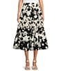 Color:Black/White - Image 1 - Abstract Floral Mix Print Tiered A-Line Midi Skirt