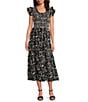Calessa Abstract Floral Scoop Neck Cap Sleeve A-Line Midi Dress, Color:Black/White - Image 1