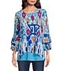 Color:Blue Multi - Image 1 - Abstract Foulard Print Mesh Knit Scoop Neck 3/4 Sleeve High-Low Tunic