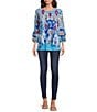 Color:Blue Multi - Image 3 - Abstract Foulard Print Mesh Knit Scoop Neck 3/4 Sleeve High-Low Tunic