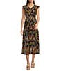 Calessa Abstract Ikat Print Plunge V-Neck Cap Flutter Sleeve Smocked Tiered Midi Dress, Color:Black Multi - Image 1