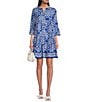 Color:Blue Multi - Image 1 - Abstract Print Banded Collar Split Neck 3/4 Sleeve Button Front Shirt Dress