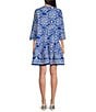 Color:Blue Multi - Image 2 - Abstract Print Banded Collar Split Neck 3/4 Sleeve Button Front Shirt Dress