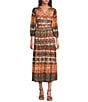 Calessa Border Abstract Print V-Neck Long Sleeve Tiered Midi Dress, Color:Rust Multi - Image 1