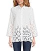 Color:White - Image 1 - Border Embroidered Point Collar 3/4 Sleeve Button Front Shirt