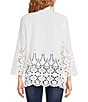 Color:White - Image 2 - Border Embroidered Point Collar 3/4 Sleeve Button Front Shirt