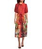 Calessa Border Fall Print Point Collar Short Sleeve Midi Shirt Dress, Color:Crimson/Multi - Image 1