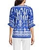 Calessa Border Mesh Knit Printed Square Neck Elbow Sleeve Tunic, Color:Blue/White - Image 2