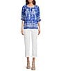 Calessa Border Mesh Knit Printed Square Neck Elbow Sleeve Tunic, Color:Blue/White - Image 3