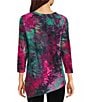Calessa Plus Size Burnout Tie-Dye Knit Crew Neck 3/4 Sleeve Asymmetric Dipped Hem Tunic, Color:Fuchsia/Lime - Image 2